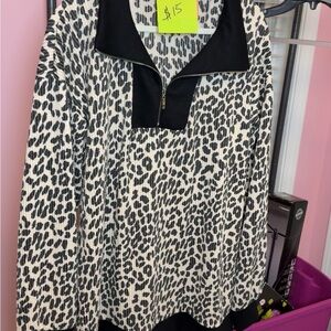 Plus Size Leopard Print Half-Zip Pullover - Black & Cream